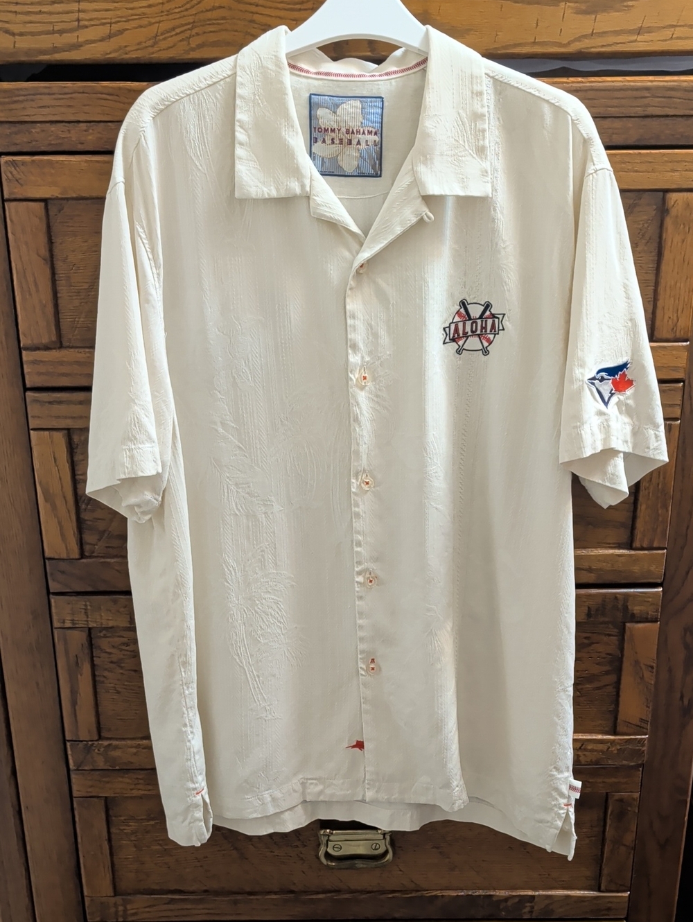 Men's Tommy Bahama Blue Jays Cream Short-Sleeve Camp Shirt with Aloha Patch